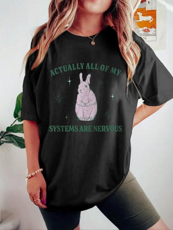 Women's Rabbit & Letter Print Round Neck Tee, Trendy Casual Drop Shoulder Half Sleeve T-shirt for Daily Wear, Ladies All Seasons Outfit