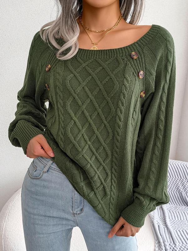 Women's Solid Textured Fake Buttons Raglan Sleeve Crewneck Sweater for Spring, Casual Round Neck Long Sleeves Knitting Jumper, Fall Clothes, Downtown Girl Clothes