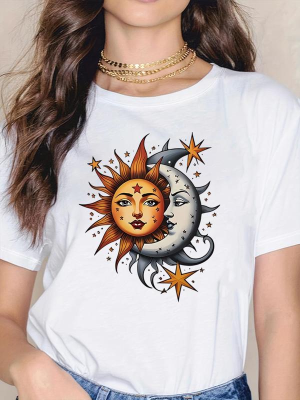 Women's Cartoon Sun & Moon Print Round Neck Graphic Tee, Trendy Casual Short Sleeve T-shirt for Daily Wear, Graphic Tees, Lady Summer Outfits 2024