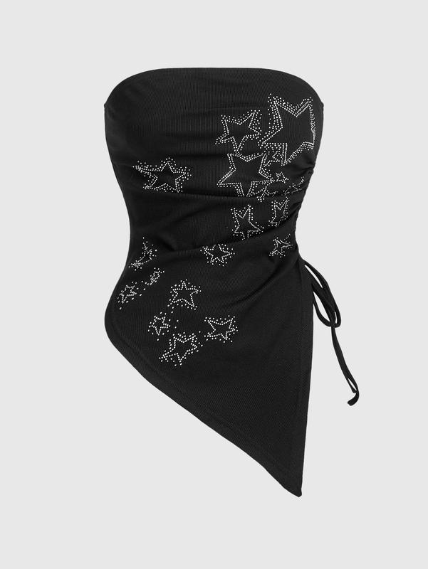 ROMWE Grunge Punk Women's Music Festival Star Rhinestone Decor Pleated Asymmetric Hem Bandeau Top