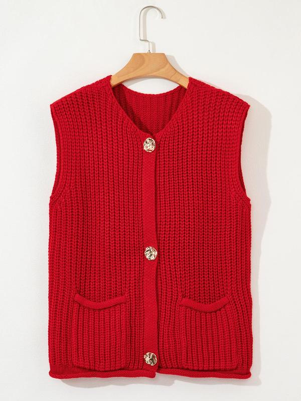 Women's Plain Button Front Pocket Vest, Casual Sleeveless  Jumper Vest for Fall & Winter, Fashion Women's Knitwear for Daily Wear