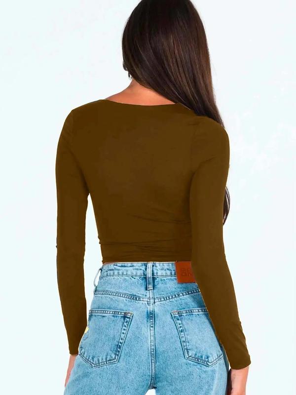 Women's Plain Square Neck Long Sleeve Crop Tee As Birthday Gifts, Casual Solid Tight-fitting T-shirt for Fall & Winter, Women's Top for Daily Wear, Fall Outfits