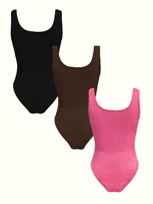 3 Pcs Solid Square Neck Sleeveless Shapewear Tank Bodysuit, Casual Ribbed Slim Fit Bodysuit, Women's Underwear