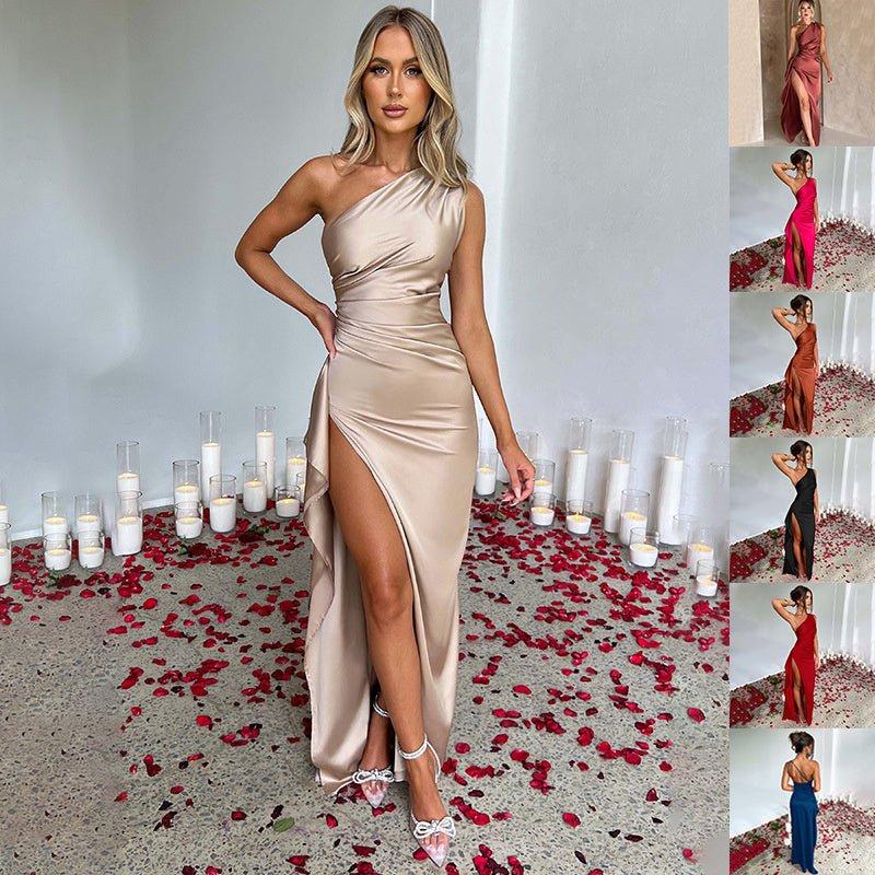 Sexy One-Shoulder Backless Slit Dress - Summer Elegant Slim-Fit Satin Dress Fabric Formal Womenswear Chic Style Formal Wear Sleeveless Minimalist Maxi