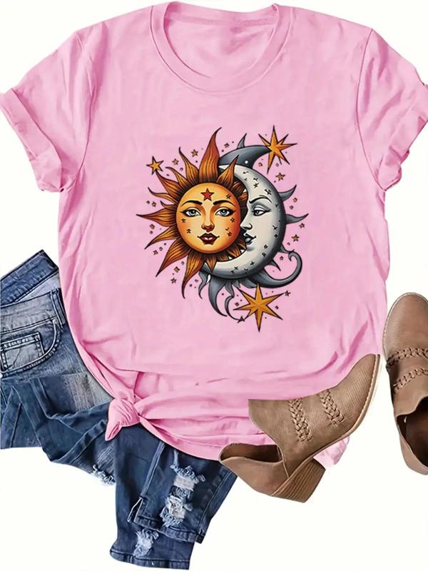 Women's Cartoon Sun & Moon Print Round Neck Graphic Tee, Trendy Casual Short Sleeve T-shirt for Daily Wear, Graphic Tees, Lady Summer Outfits 2024