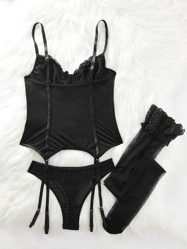 Women's Contrast Lace Sexy Teddy Lingerie Set, Romantic Bow Decor Bra & Thong & 1 Pair Stocking Set, Women's Lingerie & Underwear for All Seasons