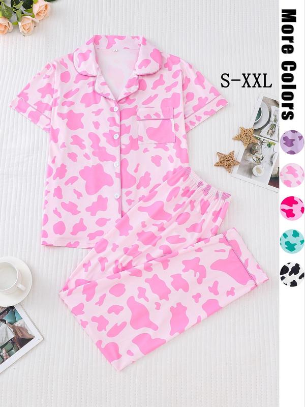 Women's All Over Cow Print Contrast Binding Lapel Shirt & Elastic Waist Pants Pyjama Two-piece Set, Fall Clothes, Casual Comfy Short Sleeve Pocket Button Up Top & Trousers Pj Set, Women's Sleepwear for Spring & Fall, Back To School Pj Set