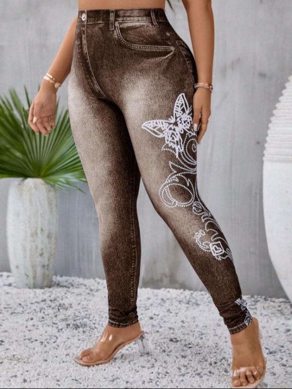 Butterfly & Denim-effect Print Fake Buttons Decor Skinny Leggings, Casual Comfy Fake Pockets Design Leggings for Daily Wear, Women's Bottoms for Fall & Winter