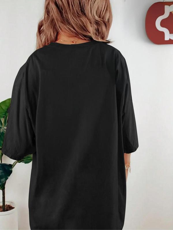 Women's Rabbit & Letter Print Round Neck Tee, Trendy Casual Drop Shoulder Half Sleeve T-shirt for Daily Wear, Ladies All Seasons Outfit