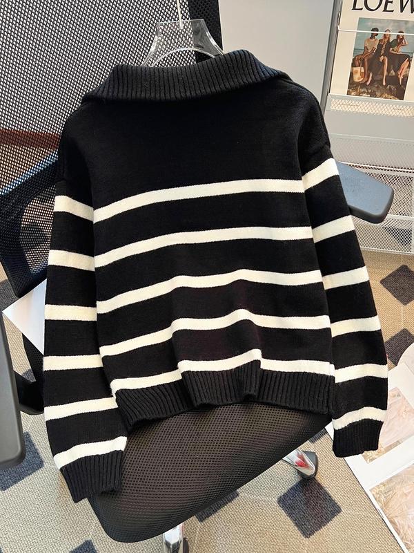 Women's Striped Print Half Zip Drop Shoulder Sweater, Casual Long Sleeve Jumper for Fall & Winter, Fashion Ladies' Knitwear for Daily Wear