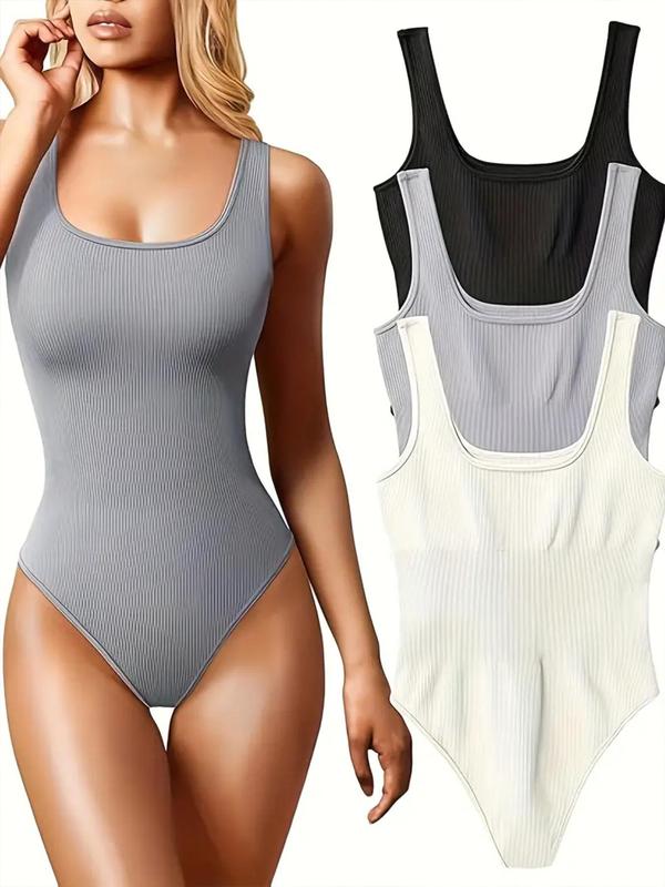 3 Pcs Solid Square Neck Sleeveless Shapewear Tank Bodysuit, Casual Ribbed Slim Fit Bodysuit, Women's Underwear