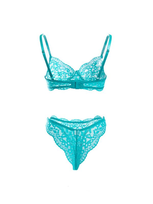 Two-Piece Set Women's Floral Lace Scallop Trim Panty Set, Adjustable Strap Underwire Bra & Knicker, Soft Comfy Breathable Underwear Set for Daily Wear