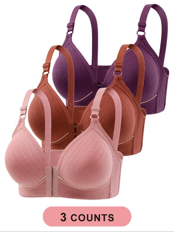  Solid Adjustable Strap Underwire Bra, Casual Comfy Breathable Adjustable Hook & Eye Closure Push Up Bra for Daily Wear, Women's Underwear for All Seasons