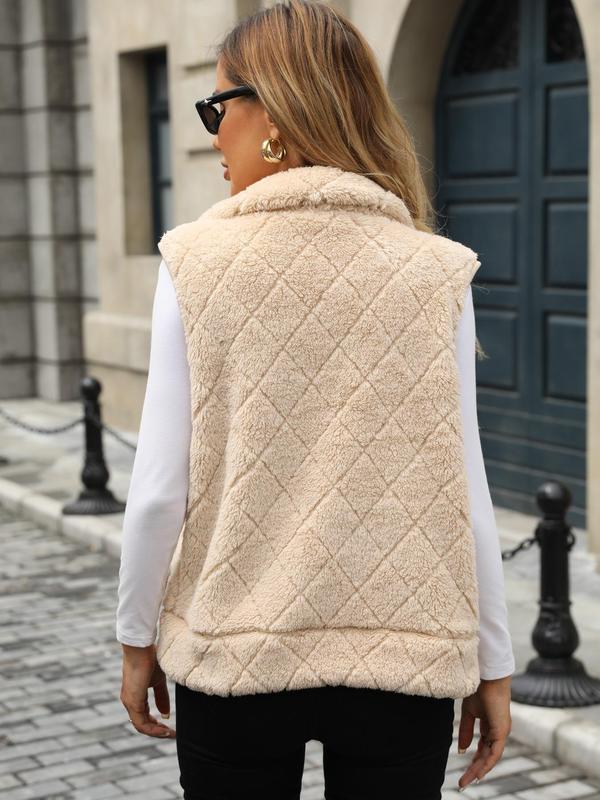 Women's Solid Zip Up Plush Vest Coat, Casual Pocket Design Sleeveless Outerwear for Fall & Winter, Women's Clothing for Daily Wear