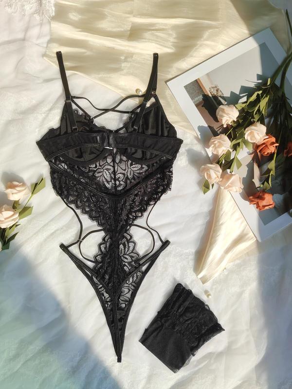 Women's Contrast Lace Sheer Lingerie Set, Sexy Lace Up Criss Cross Backless Cami Bodysuit & Thong One-piece & Stockings Set, Women's Lingerie & Underwear Set for All Seasons