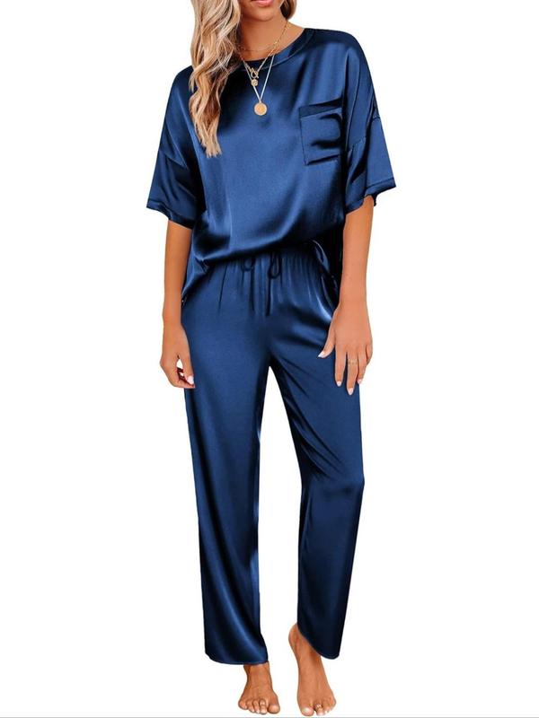 Women's Solid Drop Shoulder Tee & Pocket Pants Pyjama Two-piece Set, Casual Comfy Short Sleeve Top & Drawstring Waist Pants PJ Set, Ladies Summer Sleepwear