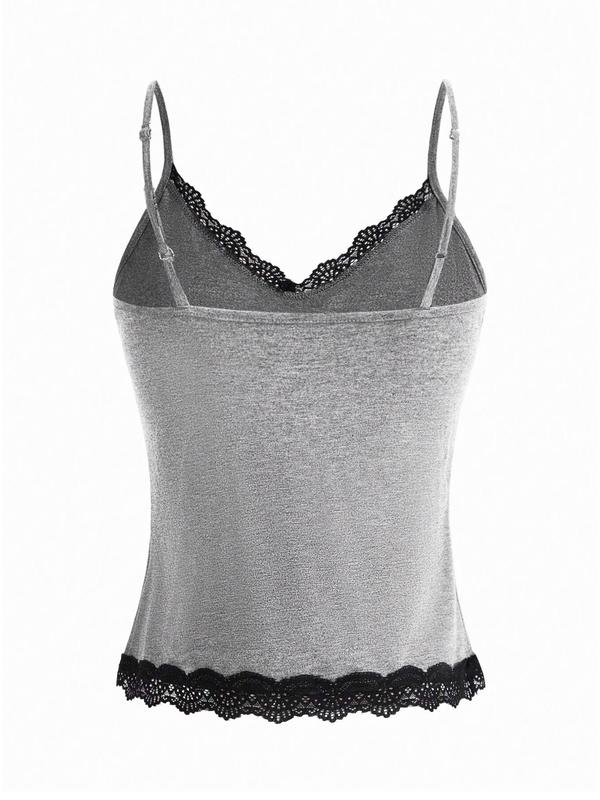 Women's Floral & Plants Print Rhinestone Decor Cami Top, 2000s Y2k Elegant Contrast Lace Adjustable Spaghetti Strap Top, Back-to-School Clothing, Women's Summer Top for Daily Wear, Tank Tops for Women, Experimental Outfits