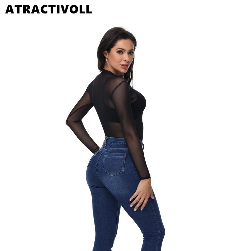 ATRACTIVOLL 1 2PCS Women's Fashion Yoga Wear，Half High Neck Bodysuit,Mesh Long Sleeve Bodysuit Indoor Yoga Wear,Tops Lady women  bodysuits mesh top long sleeve