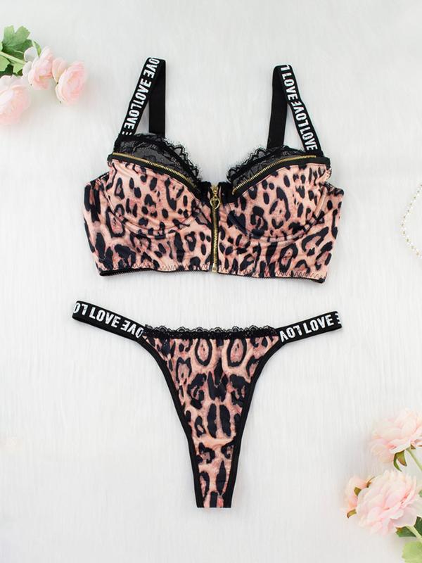 Women's Leopard Print Letter Tape Underwear Set, Contrast Lace Zipper Push Up Bra & Thong Set, Lingerie Set for Ladies