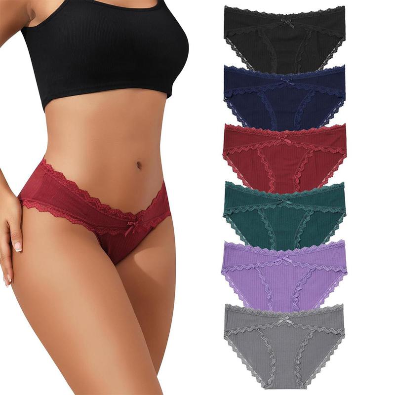 LEVAO Women Underwear Cotton Bikini Underwear Lace Elastic Low Rise Wavy Sides Invisible Panties Hipster Multipiece 6 Pack S-XXL Womenswear Breathable