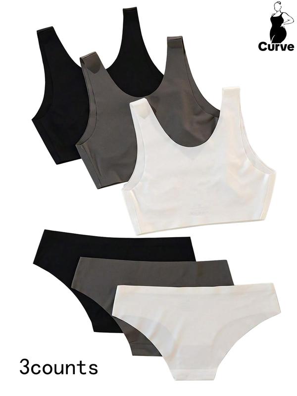 Plus Size Women's Plain Underwear Set, Casual Buckleless Wireless Bra & Knicker, Plus Size Lingerie for All Seasons