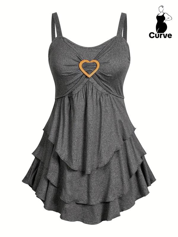  Heart Decor Tiered Layer Tank Top, Casual Sleeveless Ruched Top, Tank Tops for Women, Women's Plus Clothing for Summer Daily Wear