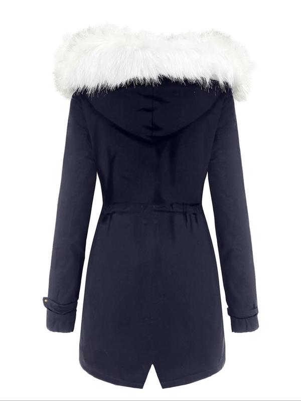 Women's Contrast Faux Fur Trim Drawstring Button Front Quilted Hooded Coat , Casual Long Sleeve Pocket Zipper Outerwear for Fall & Winter, Women's Clothing for Daily Wear