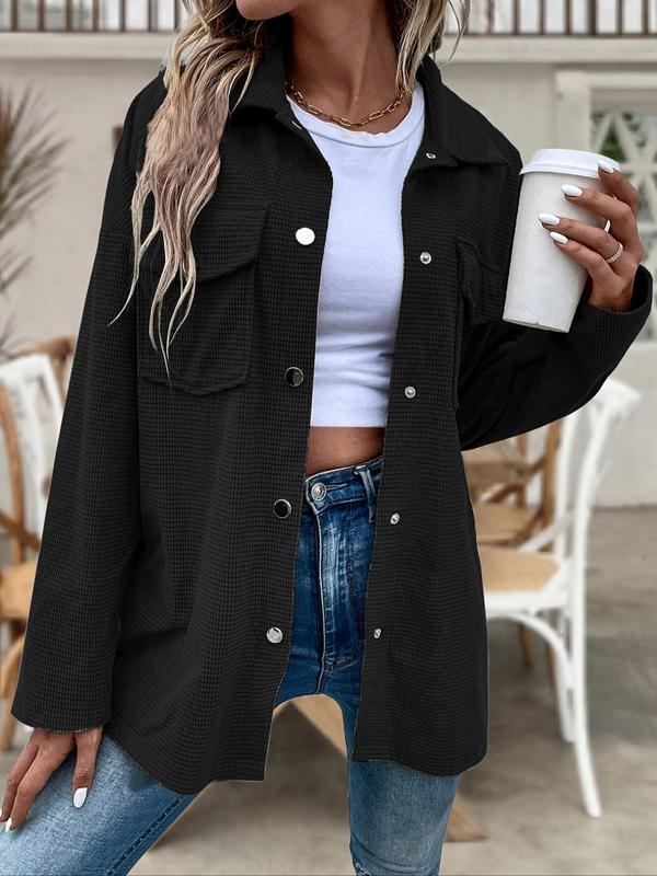Women's Plain Button Front Flap Pocket Drop Shoulder Jacket, Casual Long Sleeve Collared Outerwear for Fall & Winter, Ladies Tops Clothes for Daily Wear