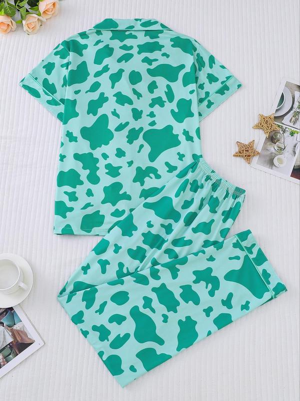 Women's All Over Cow Print Contrast Binding Lapel Shirt & Elastic Waist Pants Pyjama Two-piece Set, Fall Clothes, Casual Comfy Short Sleeve Pocket Button Up Top & Trousers Pj Set, Women's Sleepwear for Spring & Fall, Back To School Pj Set