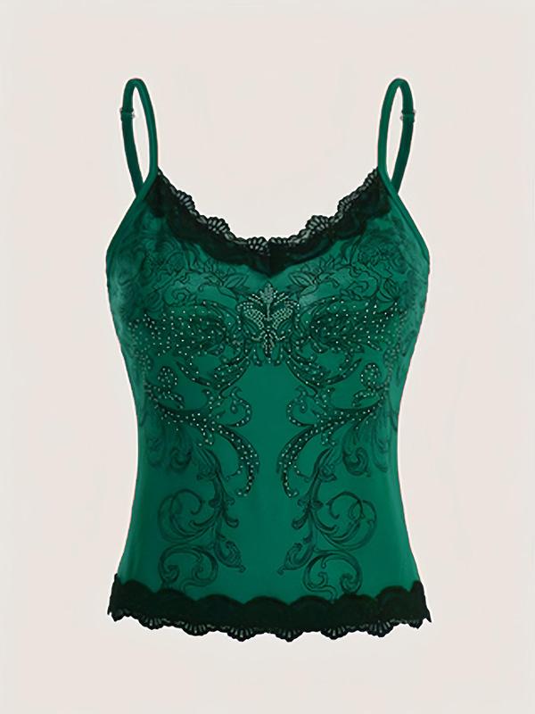 Women's Floral & Plants Print Rhinestone Decor Cami Top, 2000s Y2k Elegant Contrast Lace Adjustable Spaghetti Strap Top, Back-to-School Clothing, Women's Summer Top for Daily Wear, Tank Tops for Women, Experimental Outfits