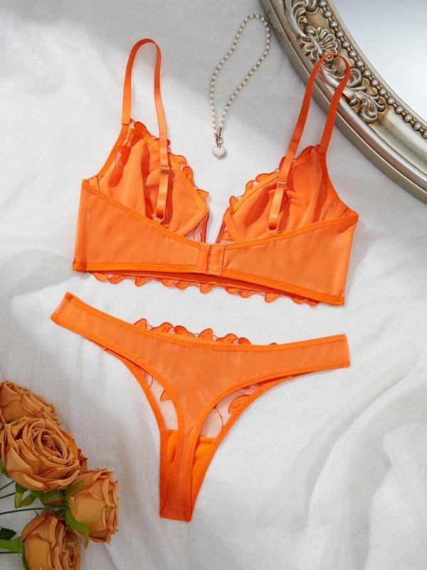 Two-Piece Set Women's Floral Embroidery Bra & Sheer Thong, Adjustable Strap Underwire Bra & Panty Set, Lingerie Set for Women