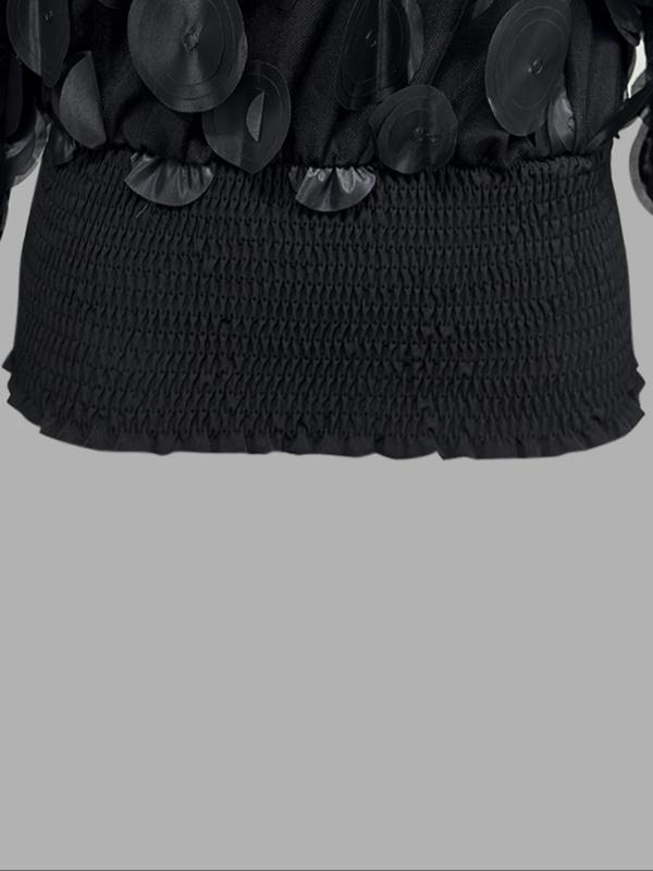 Women's Plain Contrast Mesh Appliques Shirred Sheer Bishop Sleeve Blouse, Casual Asymmetrical Neck Long Sleeve Top for Daily Wear, Ladies Clothes for All Seasons