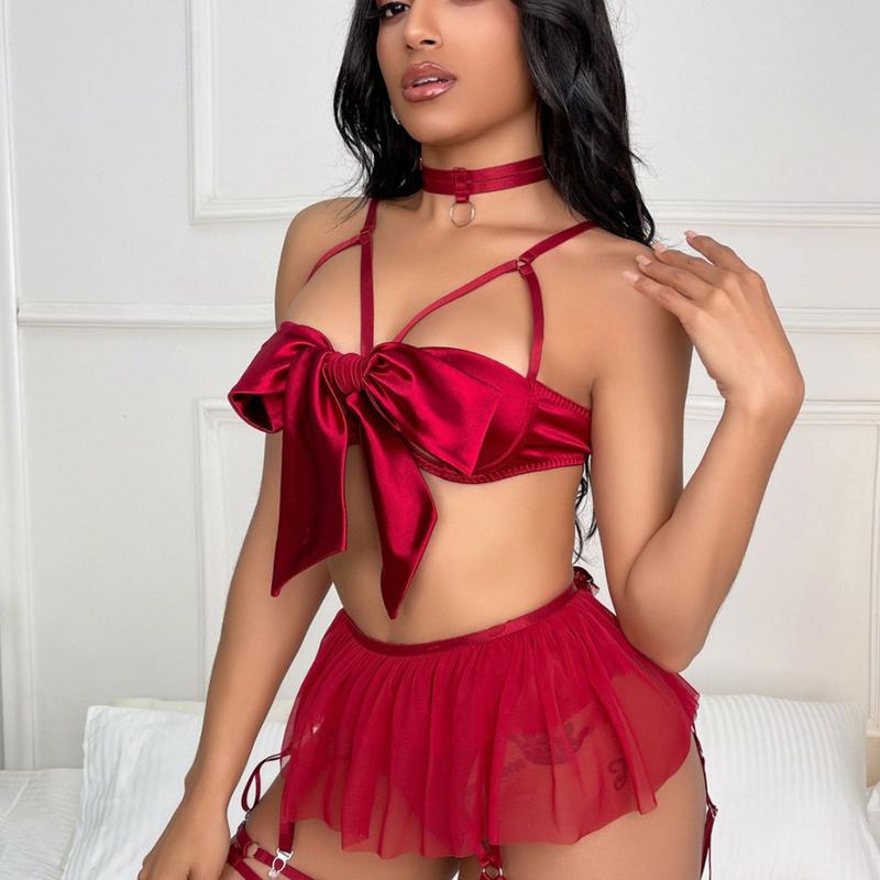 Women's 6pcs Sexy Silk Bow Front Push Up Bra Lingerie Set,Comfortable Underwear, girls conguet te outfit Nightdress Red Black ingerieset Womenswear Lady sexy Sleepwear Elegance Feminine Basic Minimalist Nightgown Elegant Nightwear Spaghetti Strap