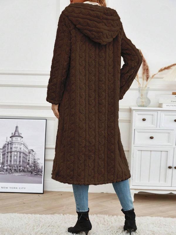 Women's Solid Textured Long Sleeve Fuzzy Hooded Coat, Casual Jackets, Open Front Plush Outerwear for Fall & Winter, Women's Clothing for Daily Wear