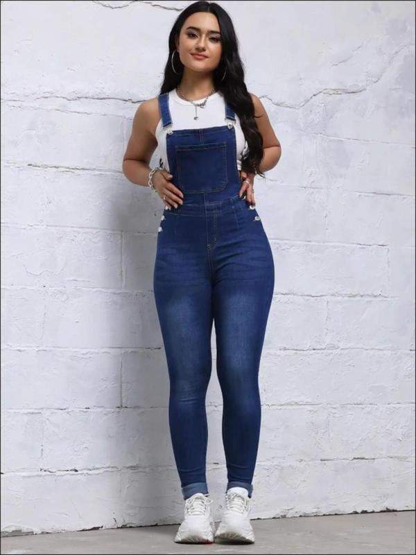 Women's Plain High Waist Skinny Denim Overalls, Casual Pocket Button Overall Jumpsuit for Daily Wear, Jeans for Women, Ladies Bottoms for All Seasons, Pants