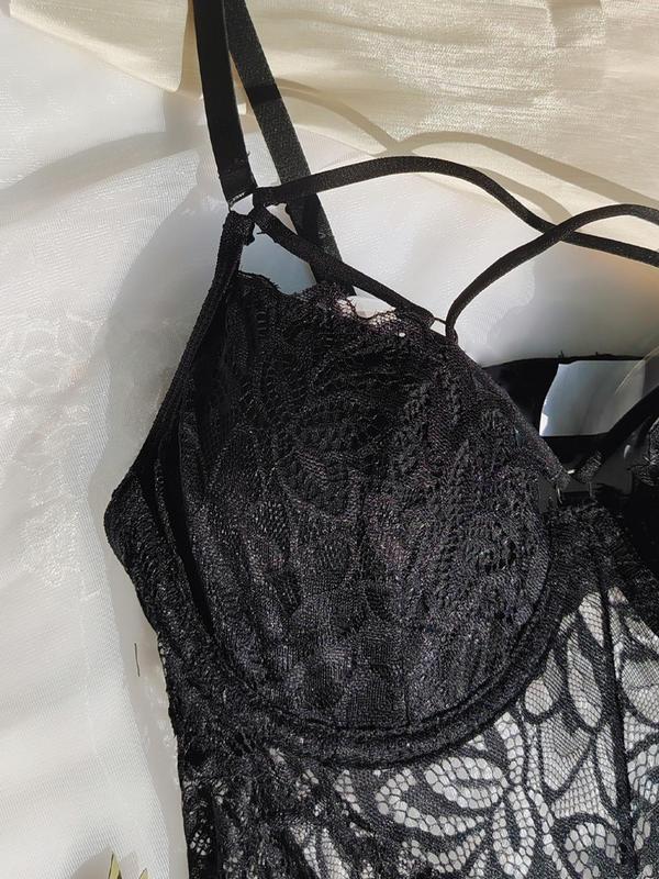 Women's Contrast Lace Sheer Lingerie Set, Sexy Lace Up Criss Cross Backless Cami Bodysuit & Thong One-piece & Stockings Set, Women's Lingerie & Underwear Set for All Seasons