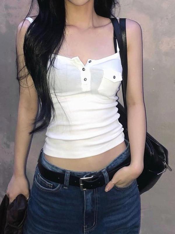 Women's Plain Half Button Pocket Crop Cami Top, Street Fashion Casual Sleeveless Top for Daily Outdoor Wear, Ladies Clothes for Summer