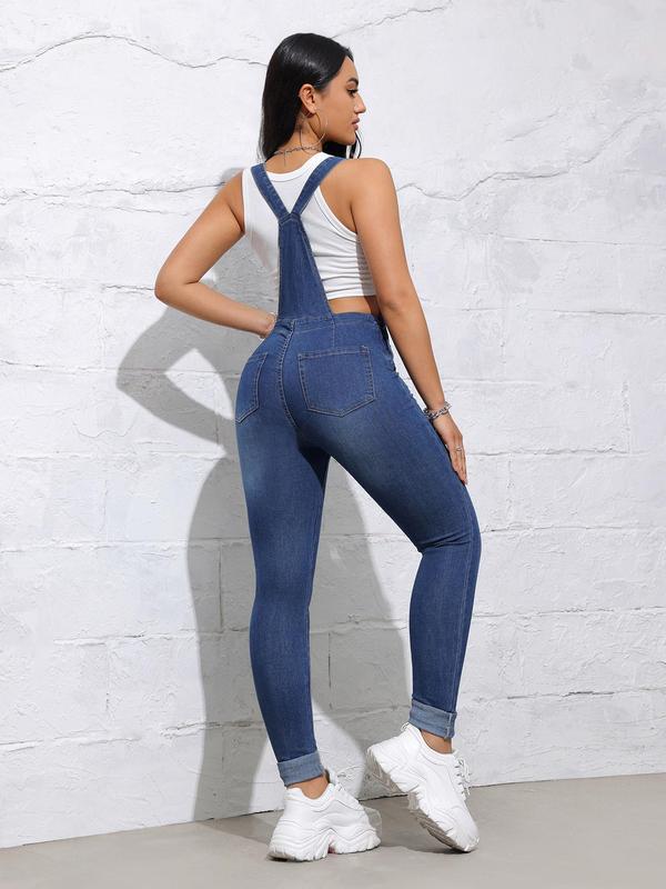 Women's Plain High Waist Skinny Denim Overalls, Casual Pocket Button Overall Jumpsuit for Daily Wear, Jeans for Women, Ladies Bottoms for All Seasons, Pants