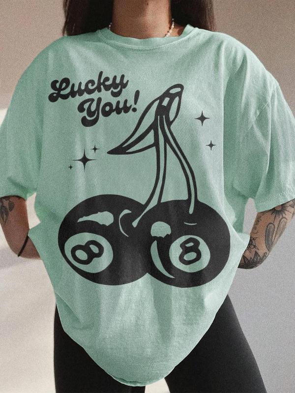 Women's Cherry & Letter Print Drop Shoulder Tee, Casual Half Sleeve Round Neck T-shirt for Summer, Women's Top for Daily Wear