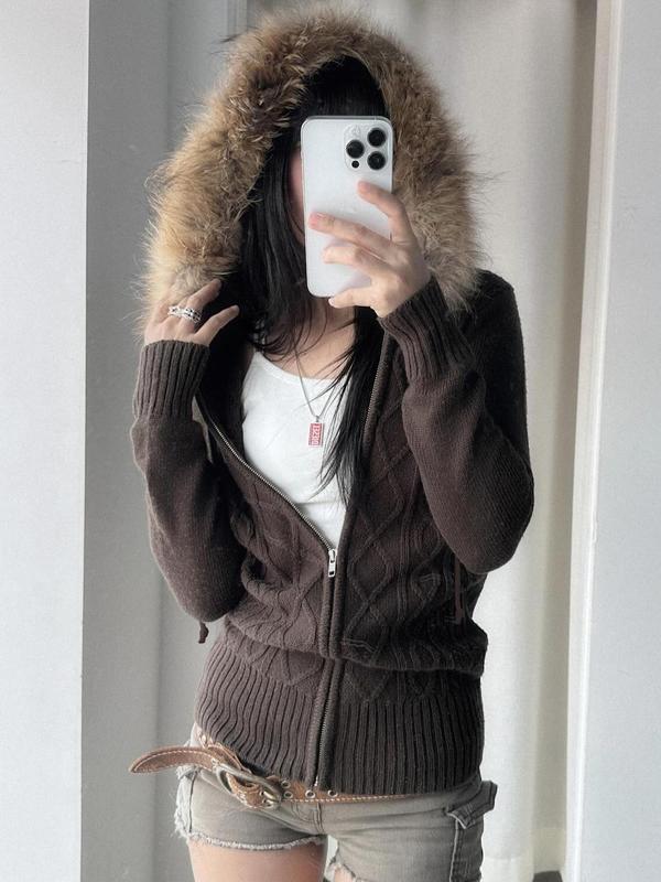 Women's Contrast Faux Fur Hooded Sweater Cardigan, Casual Long Sleeve Zip Up Jumper Cardigan for Fall & Winter, Fashion Ladies' Knit Clothing for Daily Wear