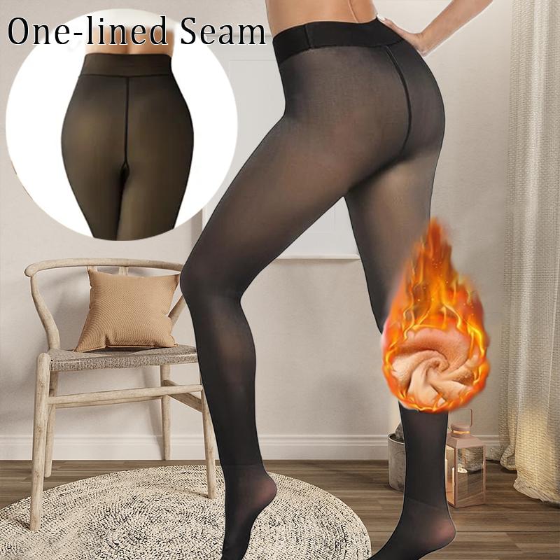 One-lined Seam  Fleece Lined Tights Women,Sheer Fake Translucent Winter Thermal Pantyhose Opaque Warm Thick High Waist Leggings