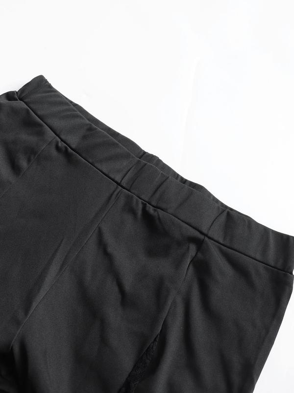  Solid Lace Insert Flare Leg Pants, Casual Comfy Bell Bottom Trousers for Daily Wear, Women's Bottoms for Fall & Winter