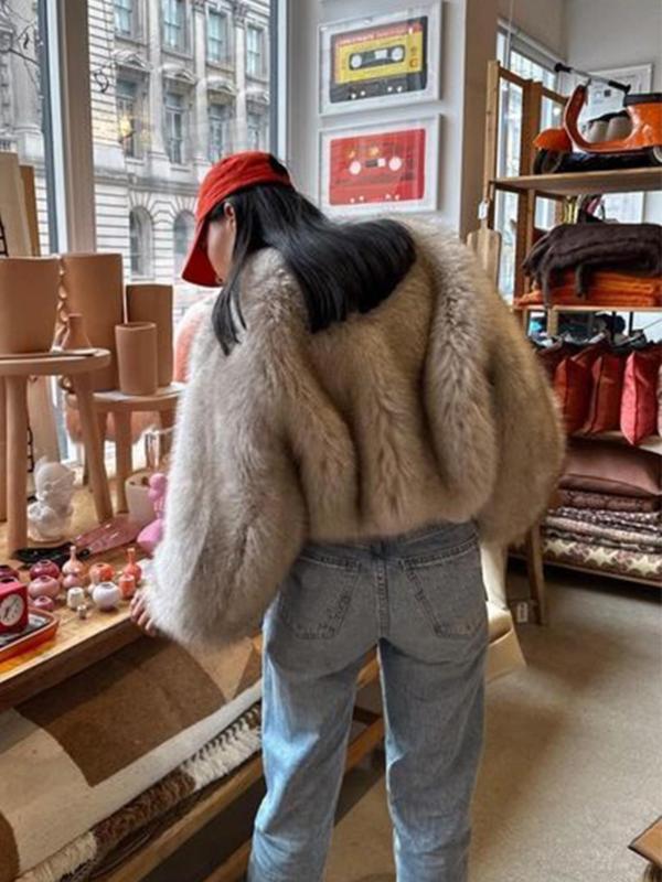 Women's Solid Color Bishop Sleeve Faux Fur Jacket, Casual Tops, Long Sleeve Open Front Outerwear for Fall & Winter, Women's Clothing for Daily Wear