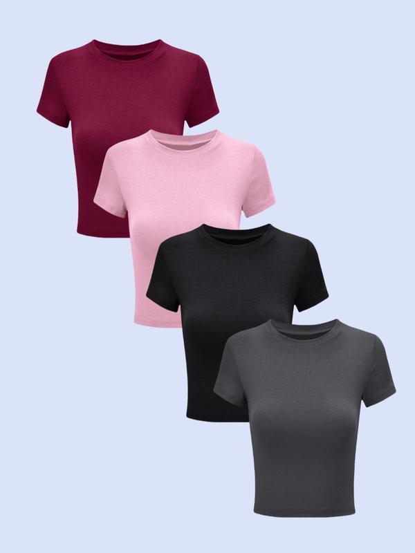 Women's Solid Round Neck Tee, Casual Short Sleeve Crew Neck T-Shirt for Summer, Fashion Simple Basic Women's Top for Daily Wear, Summer Outfits 2024, Going Out Tops