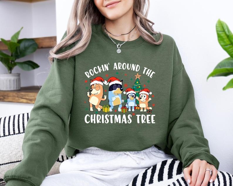 Rockin' Around The Christmas Tree Blue Dog Family Shirts , Family Matching Christmas Shirts , Cute Cartoon Christmas Hoodie and Sweater; T-shirt