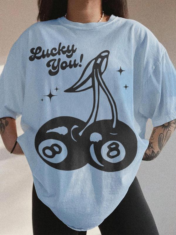 Women's Cherry & Letter Print Drop Shoulder Tee, Casual Half Sleeve Round Neck T-shirt for Summer, Women's Top for Daily Wear