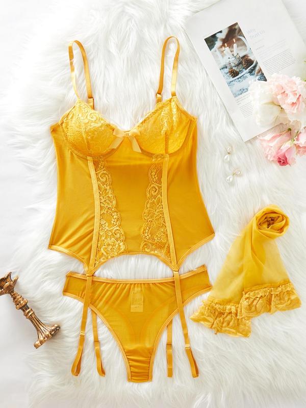 Women's Contrast Lace Sexy Teddy Lingerie Set, Romantic Bow Decor Bra & Thong & 1 Pair Stocking Set, Women's Lingerie & Underwear for All Seasons