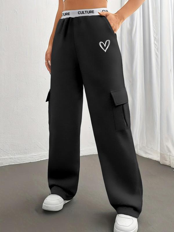 Women's Letter & Heart Print Pocket Cargo Sweatpants, Casual Jogger Trousers for Daily Wear, Ladies Bottoms for All Seasons