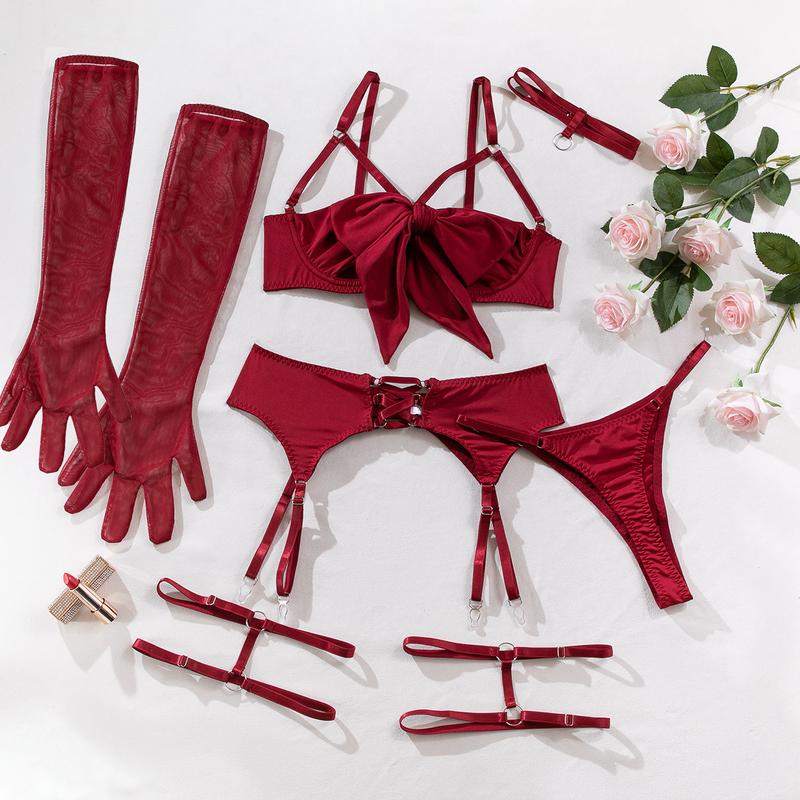 Women's 6pcs Sexy Silk Bow Front Push Up Bra Lingerie Set,Comfortable Lingerie & Underwear, girls conquet te outfit red lingerieset Womenswear Lady sexy lingerie Elegance Feminine