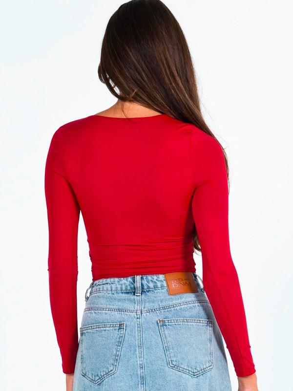 Women's Plain Square Neck Long Sleeve Crop Tee As Birthday Gifts, Casual Solid Tight-fitting T-shirt for Fall & Winter, Women's Top for Daily Wear, Fall Outfits
